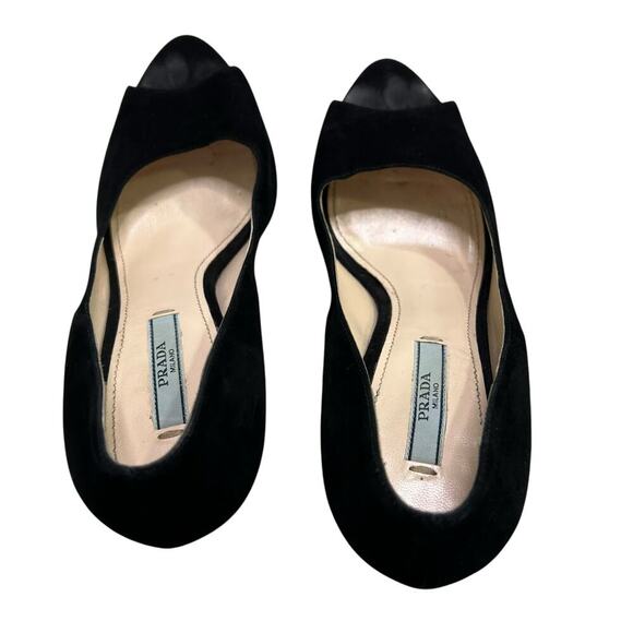 Prada Camoscio Chic Peep Toe Black Suede Platform Heels - 7.5 US / 38 - Picture 2 of 10